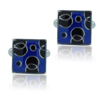 Square blue black checks enamel rhodium plated cufflink for men 1