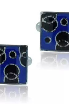 Square blue black checks enamel rhodium plated cufflink for men
