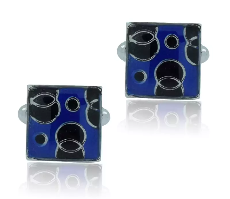 Square blue black checks enamel rhodium plated cufflink for men