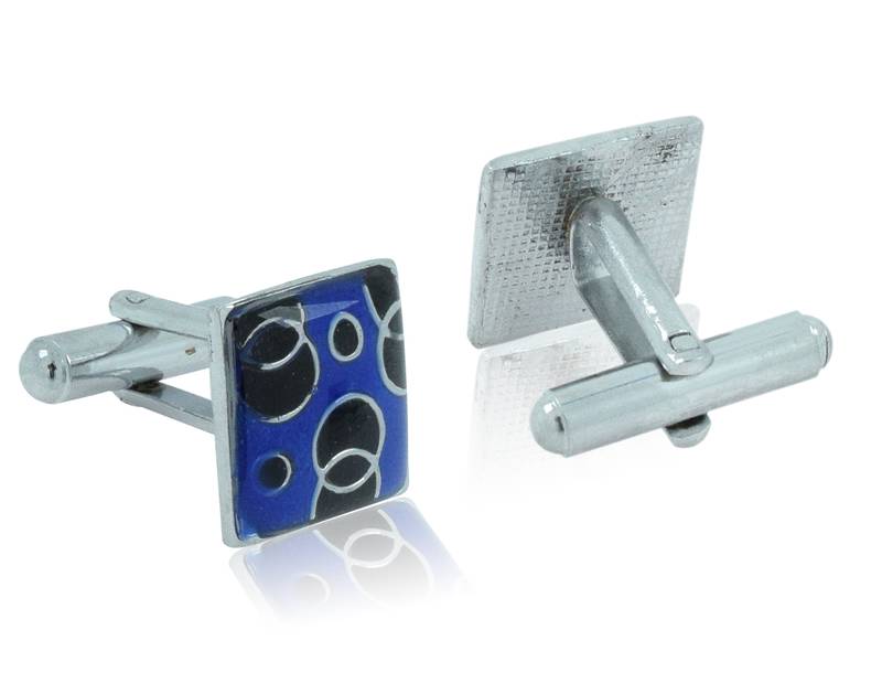 Square blue black checks enamel rhodium plated cufflink for men