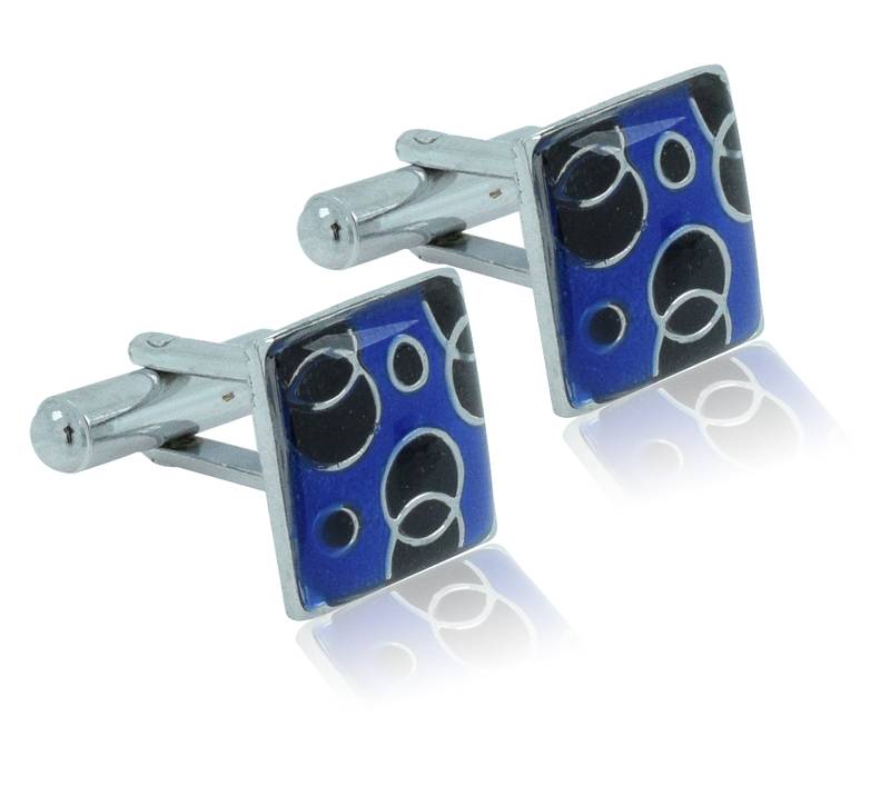 Square blue black checks enamel rhodium plated cufflink for men