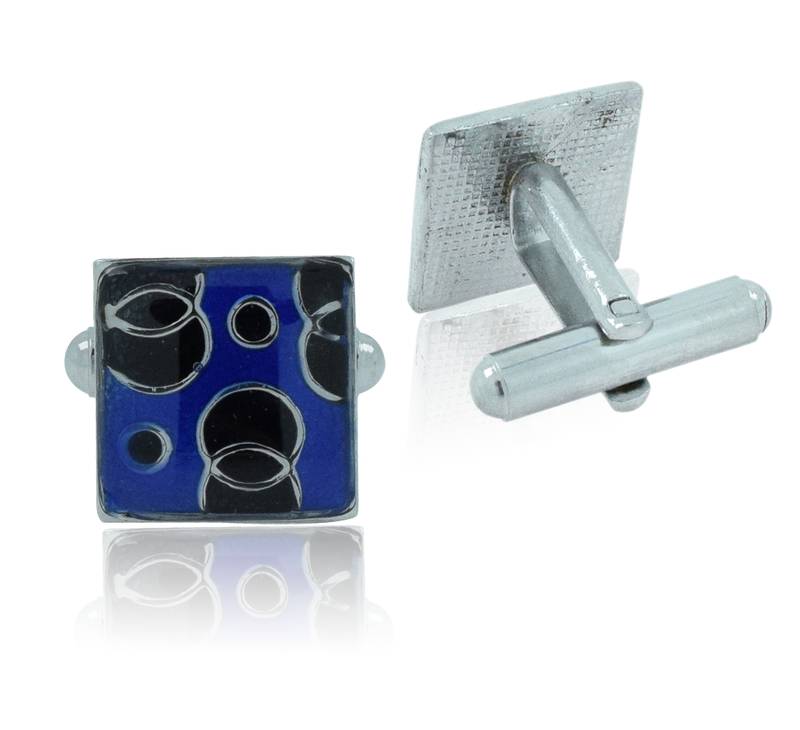 Square blue black checks enamel rhodium plated cufflink for men