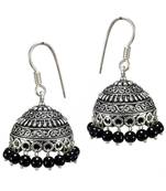 S Shape Print Black Beads Black Metal Jhumka Earrings
