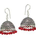 S Shape Print Black Beads Maroon Metal Jhumka Earrings