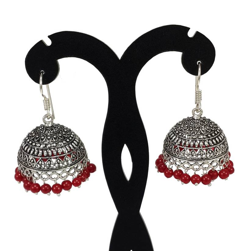S Shape Print Black Beads Maroon Metal Jhumka Earrings