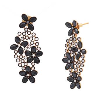 Floral Black Kundan Gold Plated Dangling Delicate Earring for Women 2