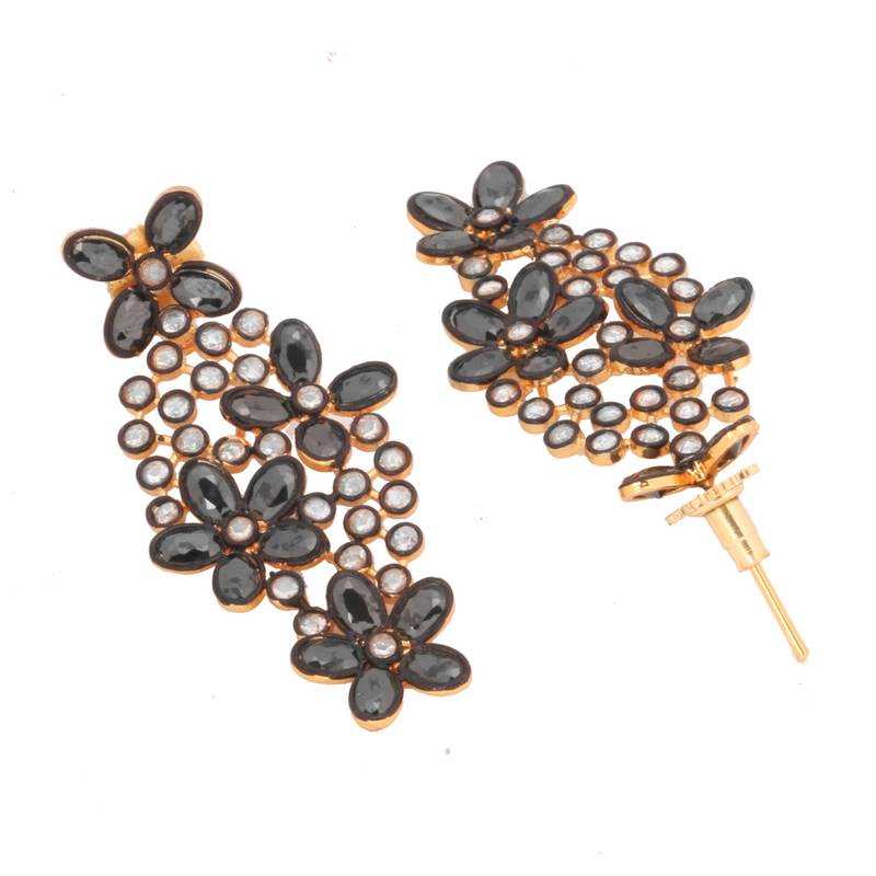 Floral Black Kundan Gold Plated Dangling Delicate Earring for Women