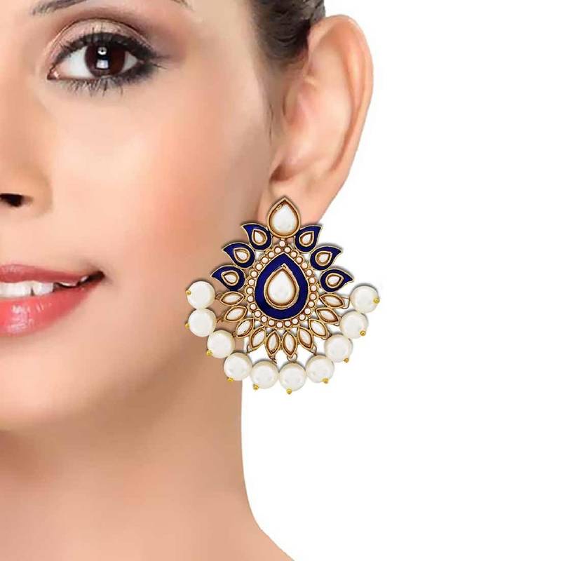 Traditional Gold Plated Dark Blue Meenakari Pearl Festive Earring