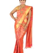 Fanta colour hand woven silk saree with blouse