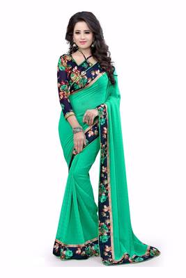 green plain faux georgette saree With Blouse 1