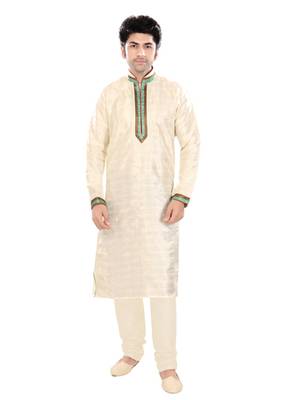 Beige Silk Plain Traditional Kurta Pyjama 1