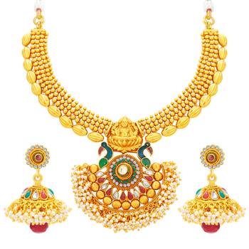 Incredible Laxmi Peacock Laxmi Temple Gold Plated Necklace Set For Women 1