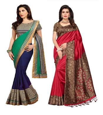 Multicolor embroidery georgette and printed silk saree combo pack of-2 saree 1