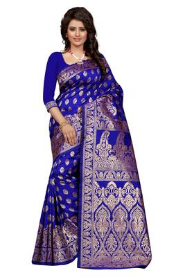 Blue plain Banarasi Art silk saree With Blouse 1