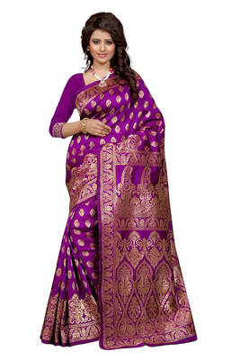Purple plain Banarasi art silk saree With Blouse 1