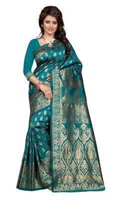 Turquoise plain Banarasi art silk saree With Blouse 1
