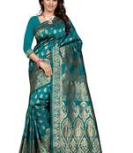 Turquoise plain Banarasi art silk saree With Blouse