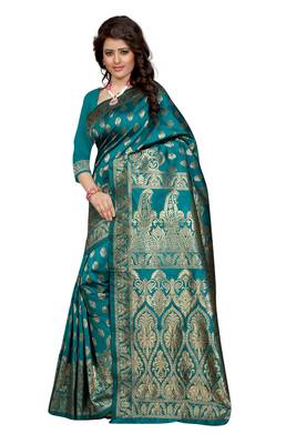 Turquoise plain Banarasi art silk saree With Blouse 2