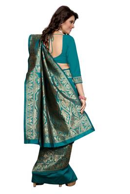 Turquoise plain Banarasi art silk saree With Blouse 3