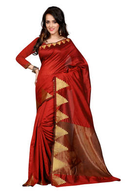 Red plain chanderi saree With Blouse 1