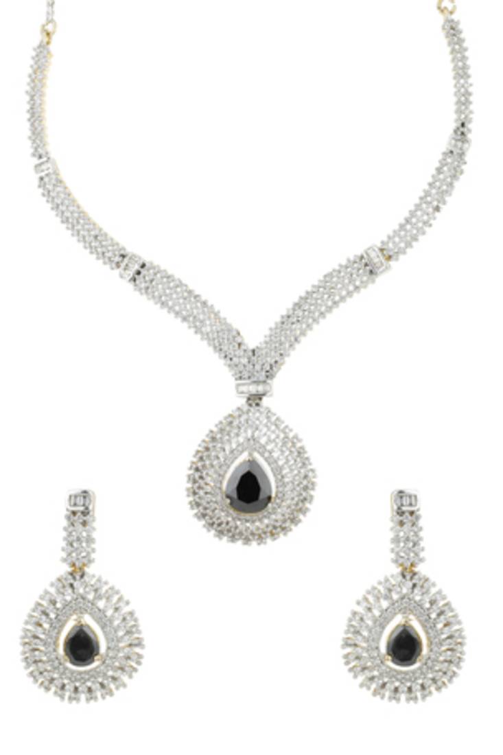 Happiness Collection Black Colour Studded Silver Necklace Set For Women