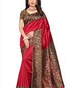 Red printed silk saree with multicolour printed blouse