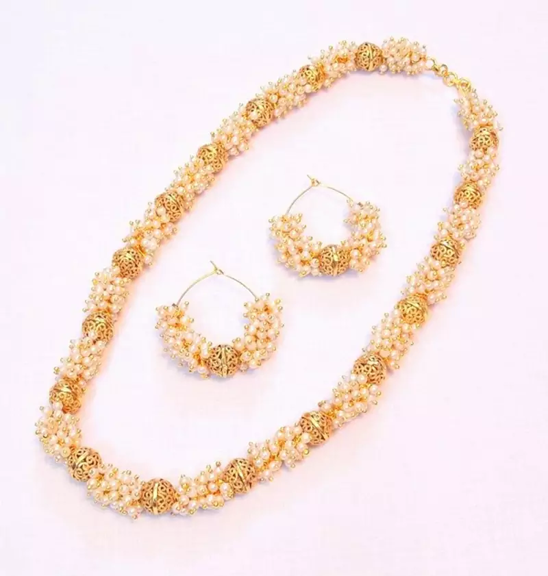 Traditional and elegant gold plated pearl necklace set