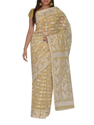 Cream & White Bengal handloom  Silk Cotton  jamdani sari without Blouse 1