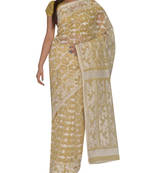Cream & White Bengal handloom  Silk Cotton  jamdani sari without Blouse