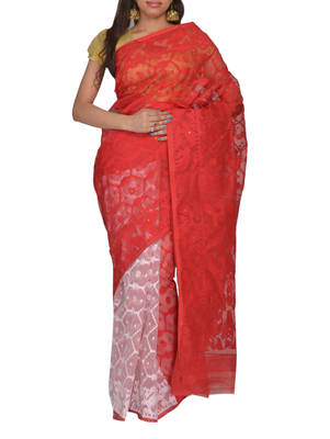 White & Red Bengal handloom  Silk Cotton  jamdani sari without Blouse 1