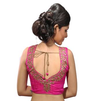 Pink raw silk hand work stitched blouse 1