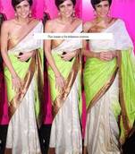 mandira bedi neon green and off white saree