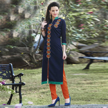 Blue Embroidered Cotton Stitched Kurti 1
