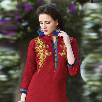 Red Embroidered Cotton Stitched Kurti 1
