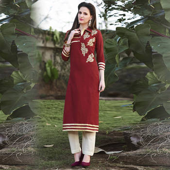 Maroon Embroidered Cotton Stitched Kurti 1