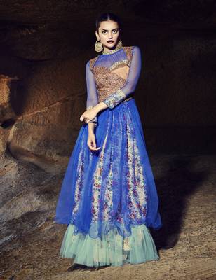 Blue art silk embroidered semi stitiched party wear gown 1