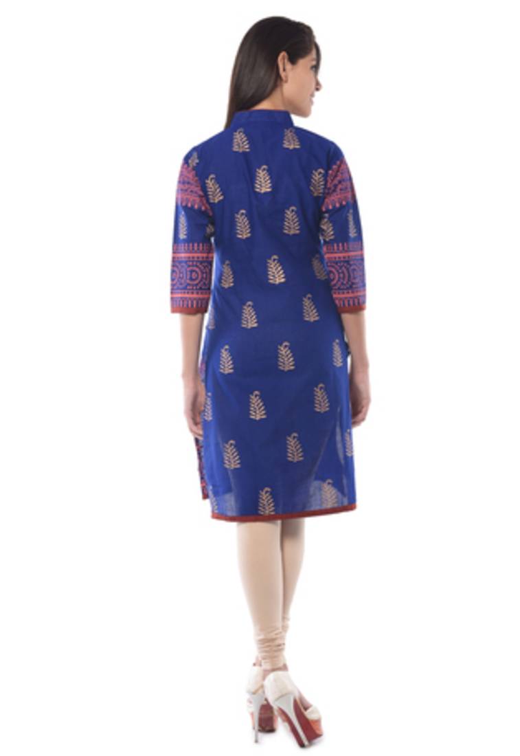 Blue - Block Print Mul Cotton A-Line Bagh Kurta 02