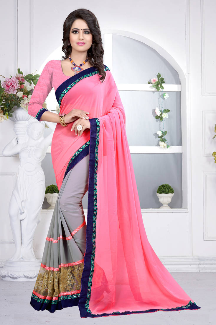 Snuggle Spot Women's Georgette Plain Saree With Blouse (Pink, 5-6 Mtrs)