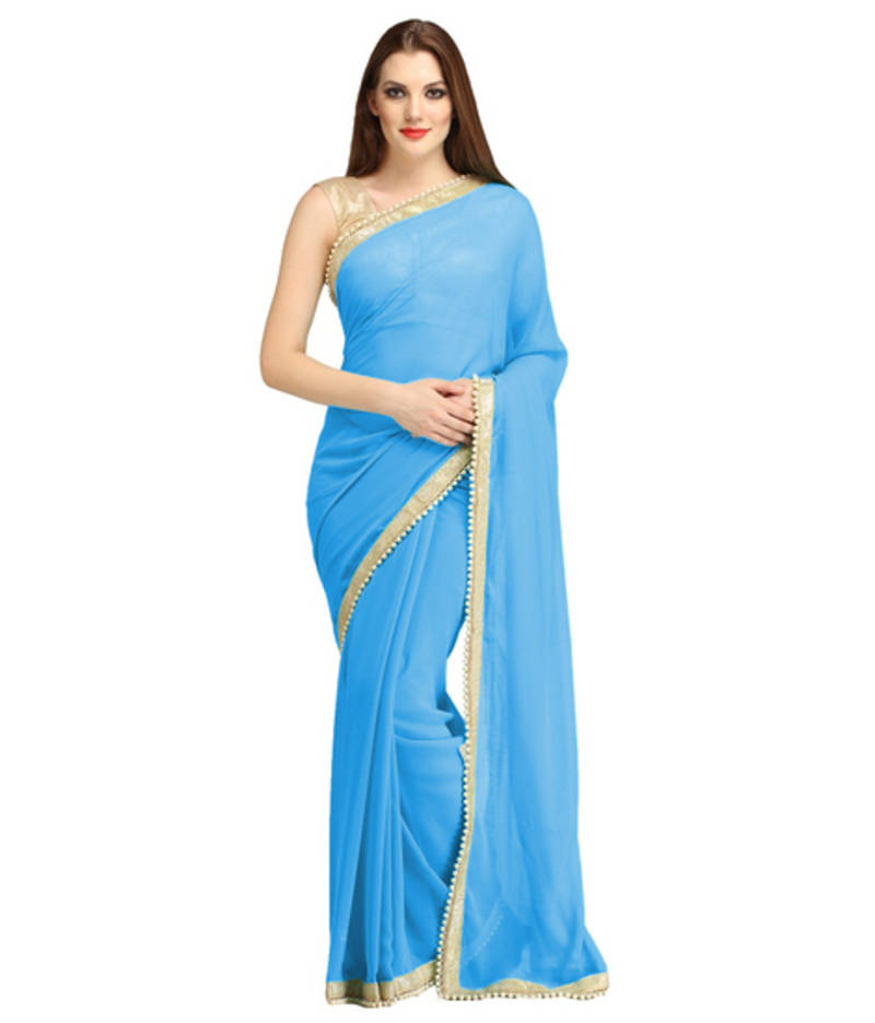light blue plain chiffon saree With Blouse