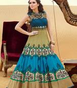Blue raw silk printed semi stitiched salwar with dupatta