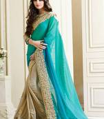 teal embroidered georgette saree With Blouse