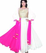 White and pink georgette embroidered unstitched salwar with dupatta