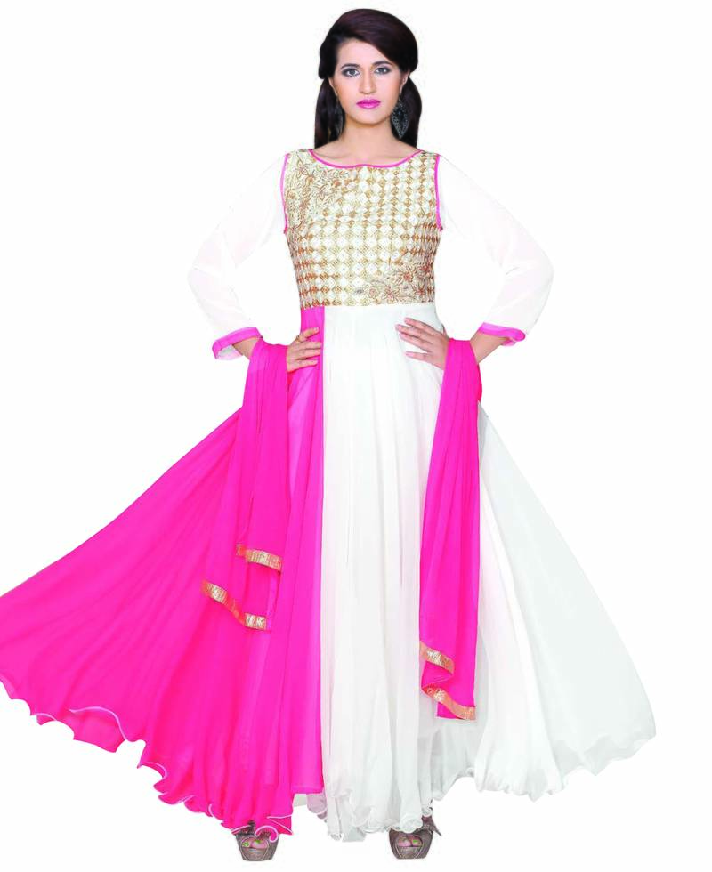 White and pink georgette embroidered unstitched salwar with dupatta