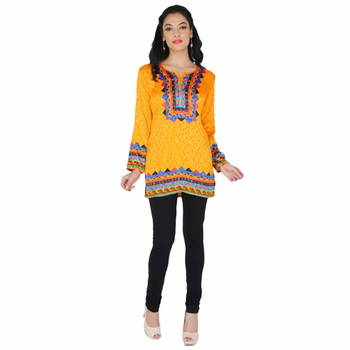 Yellow american crepe printed stitched kurti 1
