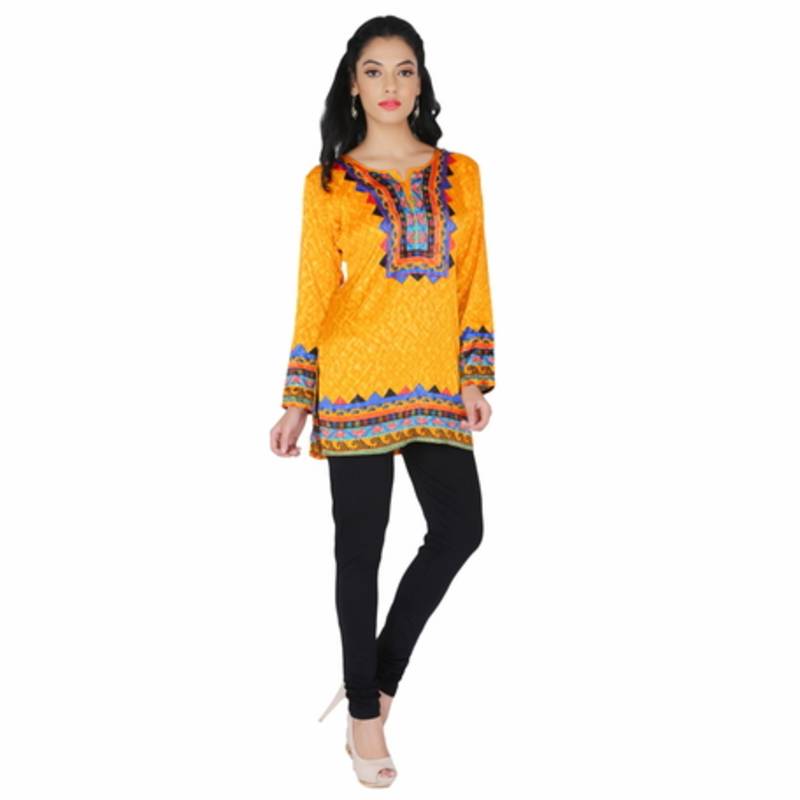 Yellow american crepe printed stitched kurti