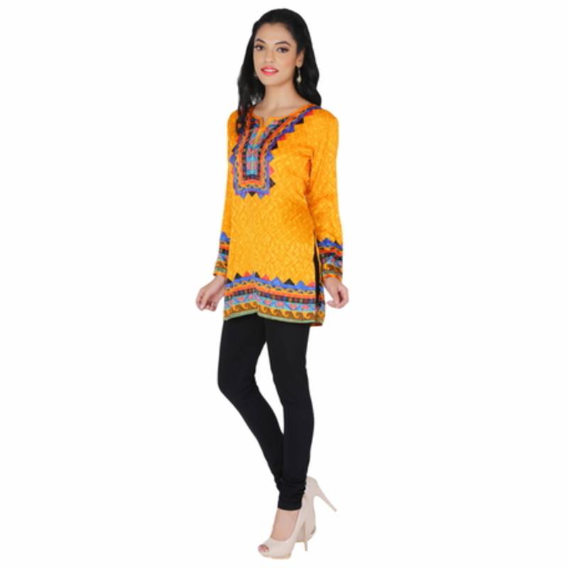 Yellow american crepe printed stitched kurti