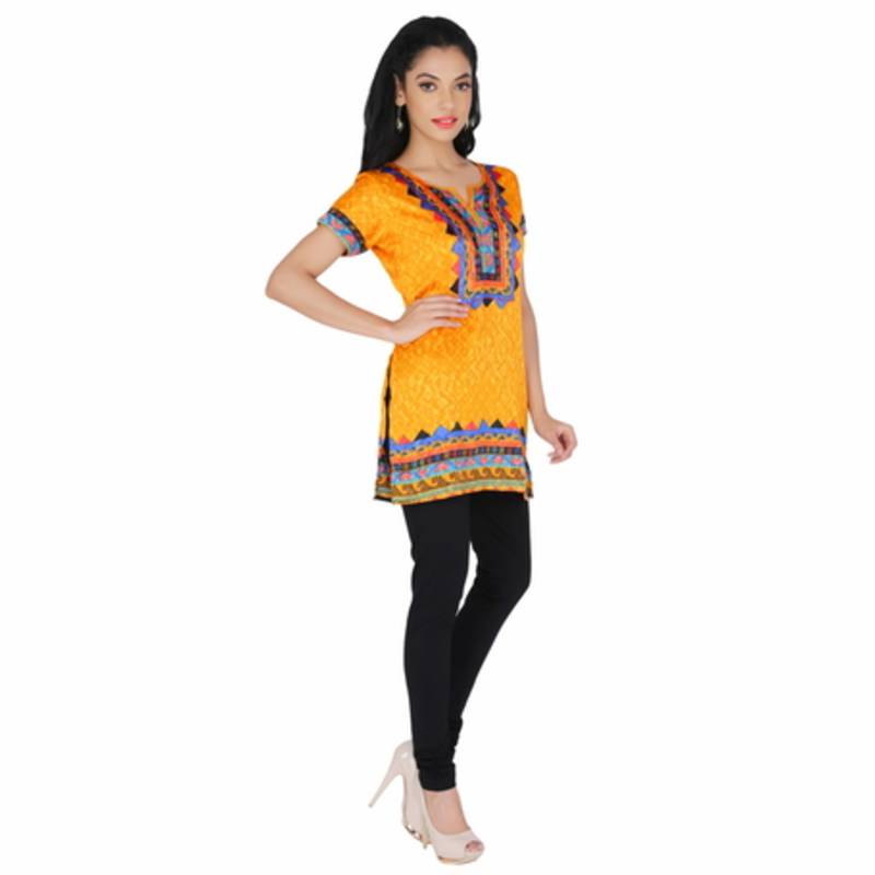 Yellow american crepe printed stitched kurti