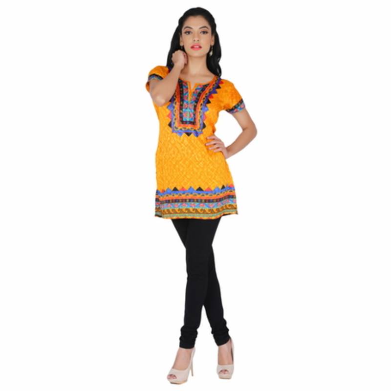 Yellow american crepe printed stitched kurti
