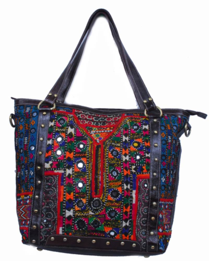 Indian patch work vintage bohemian leather ethnic tote bag