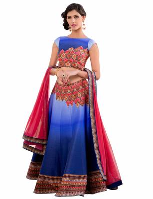 Blue art silk contrast pallu unstitched lehenga choli 1
